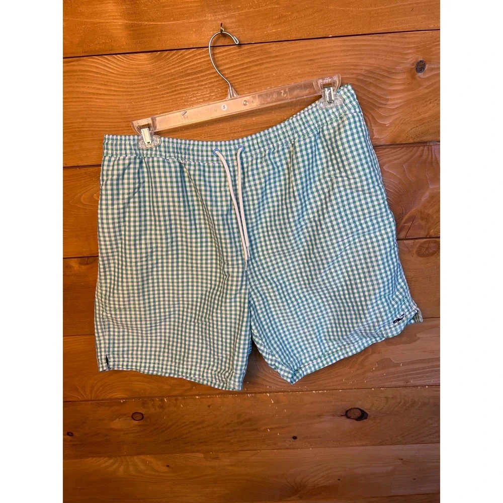 Vineyard Vines Men XL Gingham Swim Trunks Shorts Blue Green Whale Logo Beach Sun